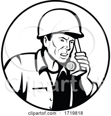 World War Two American Soldier Talking Walkie Talkie Radio Communication Retro Black and White by patrimonio