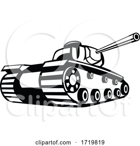 World War Two Battle Tank Pointing Cannon Retro Black and White by patrimonio