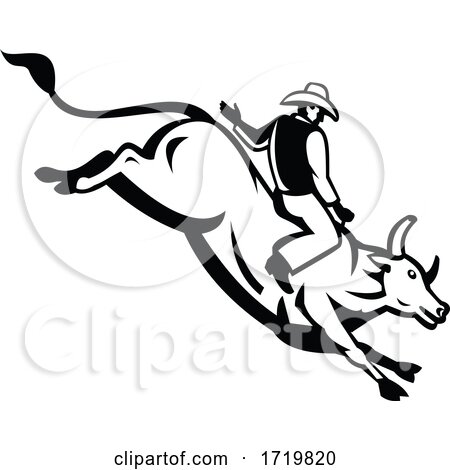 American Bull Rider Riding a Bucking Bull Retro Black and White by patrimonio