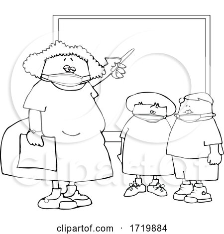 Cartoon Female Elementary School Teacher and Students Wearing Masks by a Chalkboard Lineart by djart