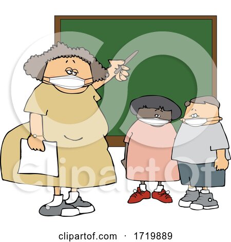 Cartoon Female Elementary School Teacher and Students Wearing Masks by a Chalkboard by djart