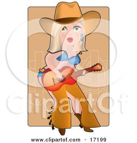 Sexy Blond Caucasian Cowgirl In Chaps, A Bra And Underwear, Playing A Guitar By A Corral On A Farm Clipart Illustration by Maria Bell