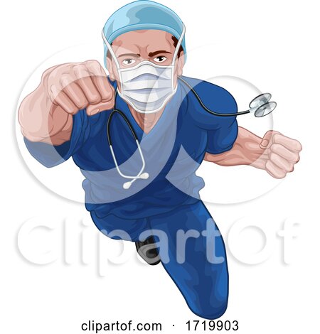 Superhero Nurse Doctor in Scrubs Flying Super Hero by AtStockIllustration