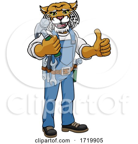 Wildcat Mascot Carpenter Handyman Holding Hammer by AtStockIllustration
