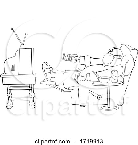 Sick Lineart Man Wearing a Mask While Watching TV at Home by djart