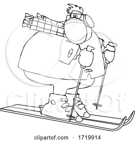 Cartoon Black and White Overweight Man Wearing a Mask and Skiing by djart