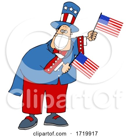 Cartoon Uncle Sam Wearing a Covid Mask and Waving American Flags by djart