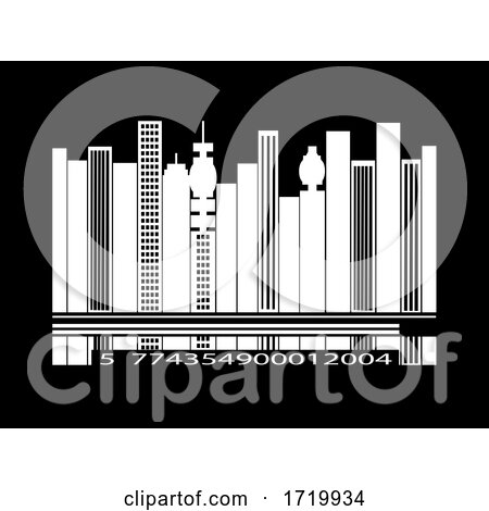 White Barcode Cityscape Silhouette over Black Background by elaineitalia