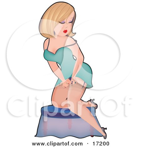Sexy Blond Caucasian Pinup Woman In A Turquoise Slip, Kneeling On A Stool And Putting On Stockings Clipart Illustration by Maria Bell