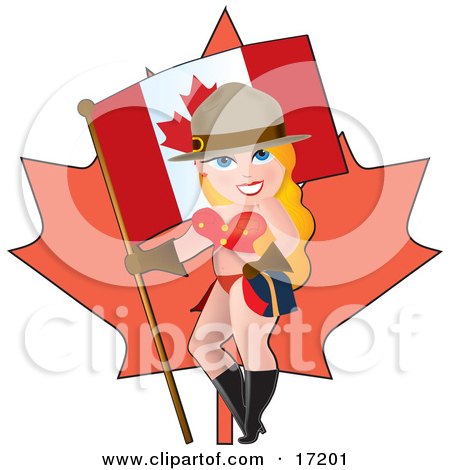Sexy Blond Caucasian Pinup Woman In A Bikini, Undergarments Or Uniform, Holding An American Flag And Balancing The Pole On Her Hip And Standing In Front Of A Maple Leaf Clipart Illustration by Maria Bell