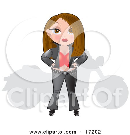 Sexy And Tough Brunette Caucasian Woman In Black Leather And A Red Corset, Standing In Front Of A Silhouetted Harley Motorcycle Clipart Illustration by Maria Bell