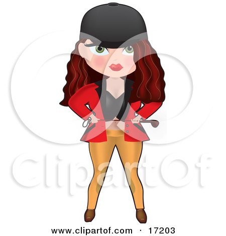 Sexy Long Haired Brunette Equestrian Woman In Tight Clothes, Wearing A Helmet And Holding A Stick Clipart Illustration by Maria Bell