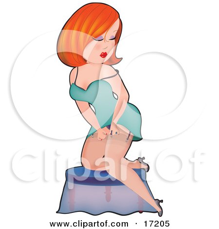 Sexy Red Haired Caucasian Pinup Woman In A Turquoise Slip, Kneeling On A Stool And Putting On Stockings Clipart Illustration by Maria Bell