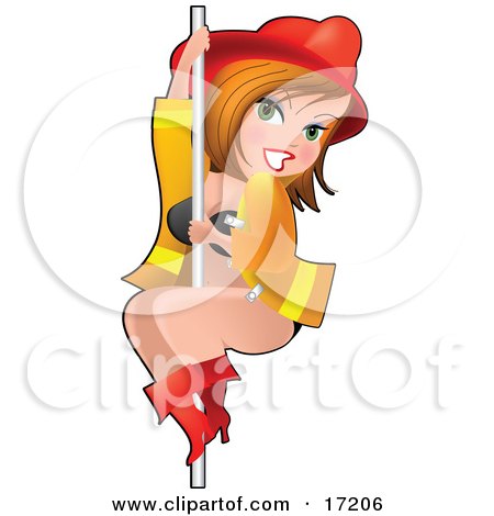 Sexy Dirty Blond Caucasian Woman In Her Bra And Boots, Wearing A Fireman's Hat And Jacket And Sliding Down A Pole Clipart Illustration by Maria Bell
