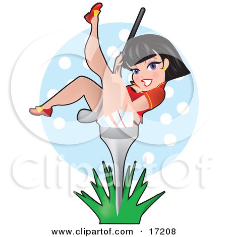 Sexy Black Haired Woman Holding A Golf Club Between Her Legs And Leaning Back On A Golf Tee In Grass Clipart Illustration by Maria Bell