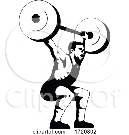 Weightlifter Lifting Barbell Side View Retro Woodcut Black and White by patrimonio