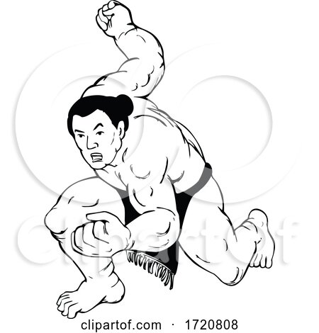Professional Sumo Wrestler or Rikishi in Fighting Stance Ukiyo E or Ukiyo Black and White Style by patrimonio