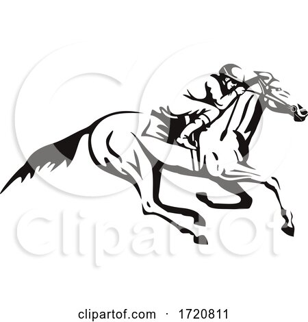 Jockey Riding Horse Horseback or Horse Racing Retro Black and White by patrimonio