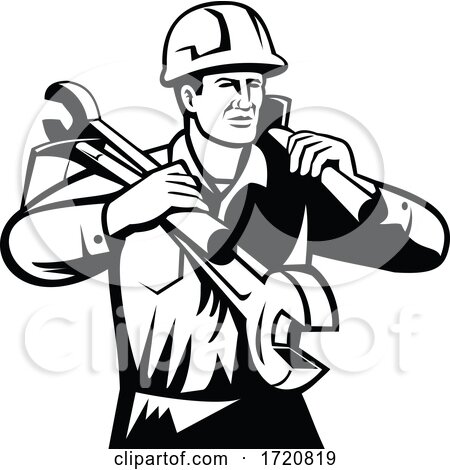 Handyman or Builder Wearing Hard Hat Carrying Spanner and Spade Retro Black and White by patrimonio