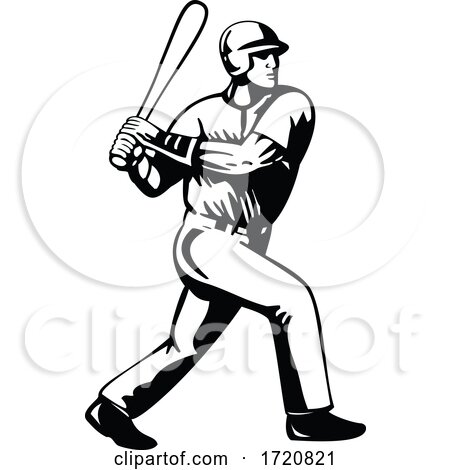 Baseball Player Batting Viewed from Side Retro Black and White by patrimonio