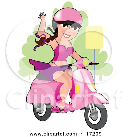 Sexy Long Haired Burnette Caucasian Woman With Her Skirt Being Blown Up By The Wind While Waving And Riding Her Vespa Scooter And Wearing A Pink Helmet Clipart Illustration by Maria Bell