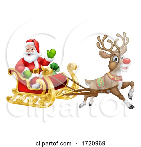 Santa Claus Christmas Reindeer Sleigh Sled Cartoon by AtStockIllustration