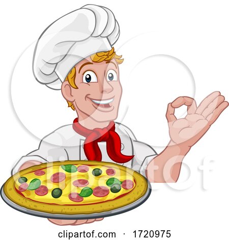 Chef Cook Man Cartoon Holding a Pizza by AtStockIllustration
