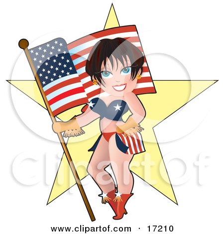 Sexy Brunette Caucasian Pinup Woman In A Bikini, Standing In Front Of A Star And Holding An American Flag Clipart Illustration by Maria Bell