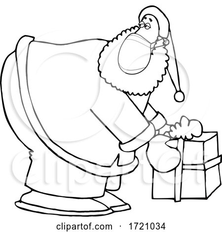 Cartoon Black and White Covid Christmas Santa Picking up a Gift by djart