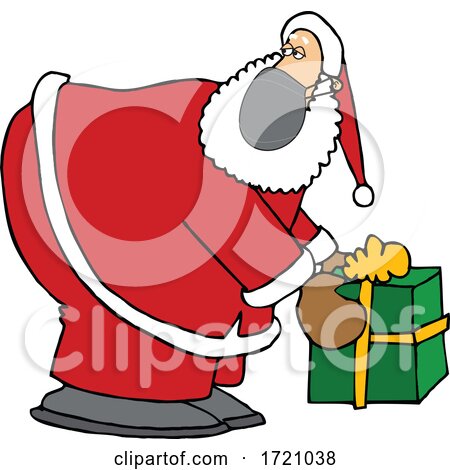 Cartoon Covid Christmas Santa Picking up a Gift by djart