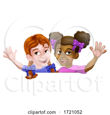 Girls Waving Cartoon Children Kids Sign by AtStockIllustration