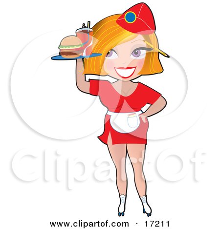 Sexy Blond Caucasian Waitress In A Small Red Dress And Apron, Rollerskating And Serving A Cola and Hamburger Clipart Illustration by Maria Bell
