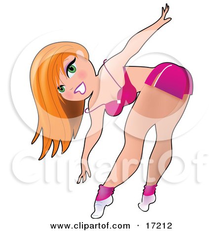 Sexy Red Haired Caucasian Woman In A Pink Bra And Shorts, Bending Over To Touch Her Toes While Working Out In A Fitness Gym Clipart Illustration by Maria Bell