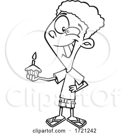 Cartoon Lineart Boy Holding a Birthday Cupcake by toonaday