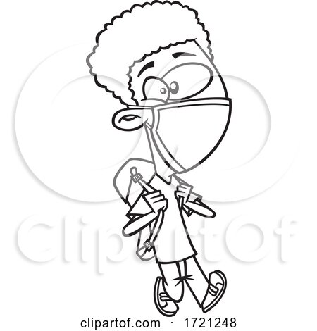 Cartoon Lineart Boy Wearing a Mask and Going Back to School by toonaday