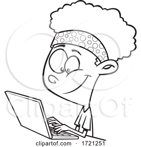 Cartoon Lineart Girl Using a Laptop Computer for Distance Learning by toonaday