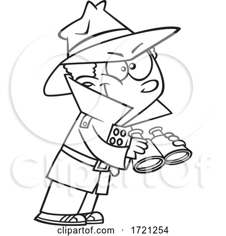 Cartoon Lineart Boy Detective Observing with Binoculars by toonaday