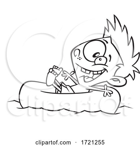 Cartoon Lineart Boy Floating on a River Tube by toonaday