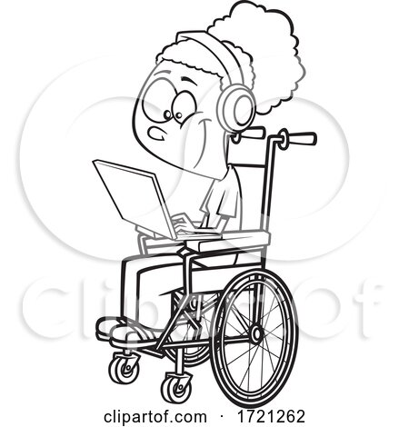 Cartoon Lineart Girl in a Wheelchair Using a Laptop Computer for Distance Learning by toonaday