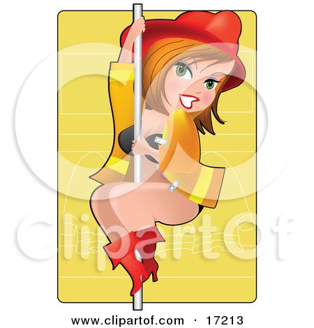 Sexy Dirty Blond Caucasian Woman In A Fireman's Hat And Jacket, Sliding Down A Pole In Her Bra And Boots  Posters, Art Prints