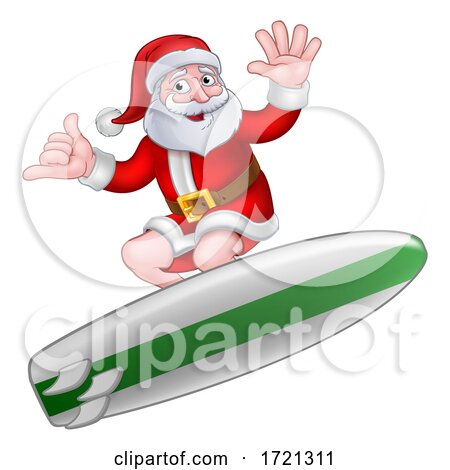 Santa Surfing Shaka Hand Christmas Cartoon by AtStockIllustration