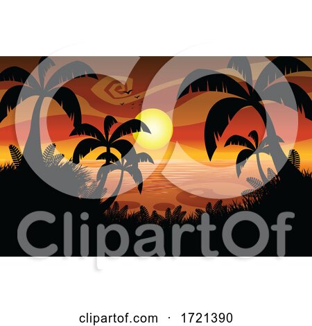 Tropical Ocean Sunset with Silhouetted Palm Trees by Hit Toon