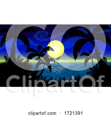 Tropical Ocean Night with Full Moon Silhouetted Palm Trees by Hit Toon