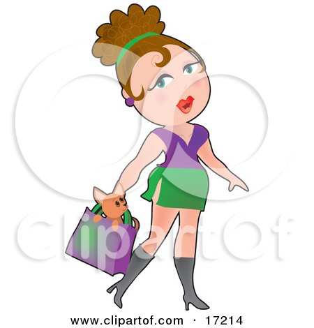 Sexy Brunette Caucasian Woman Carrying A Cute Little Chihuahua Dog In Her Purse While Shopping Clipart Illustration by Maria Bell