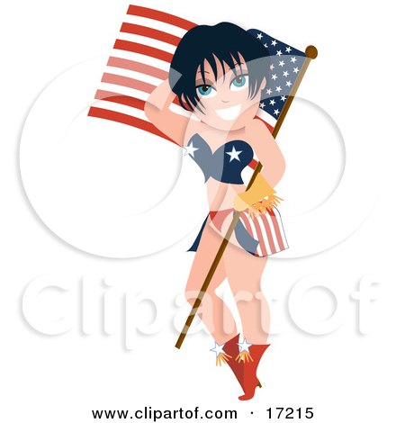 Sexy Brunette Caucasian Pinup Woman In A Bikini, Holding An American Flag And Balancing The Pole On Her Hip Clipart Illustration by Maria Bell