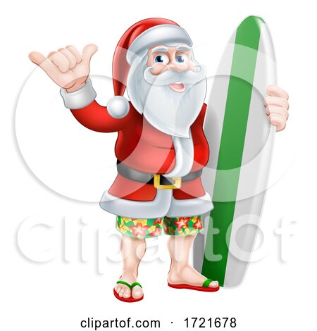 Surfing Santa Shaka Hand Christmas Cartoon by AtStockIllustration