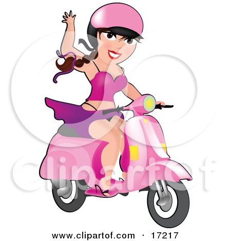 Sexy Long Haired Burnette Caucasian Woman With Her Skirt Blowing Up To Show Her Panties While Waving And Driving Her Pink Vespa Scooter Clipart Illustration by Maria Bell