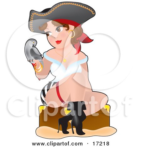 Sexy Brunette Pirate Woman In A Hat, Short Skirt And Heeled Boots, Talking To A Parrot That She's Holding In Her Hand Clipart Illustration by Maria Bell