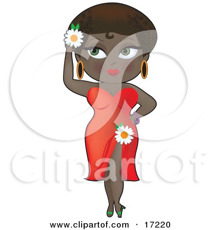 Sexy Black Woman In A Red Slit Dress, Wearing A White Daisy In Her Hair And On Her Hip, Showing Some Leg Clipart Illustration by Maria Bell