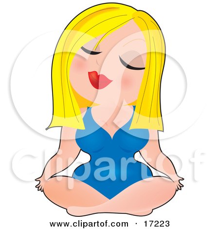 Sexy Blonde Caucasian Woman In A Blue Leotard, Sitting in the Lotus Position While Doing Yoga In A Fitness Gym Clipart Illustration by Maria Bell